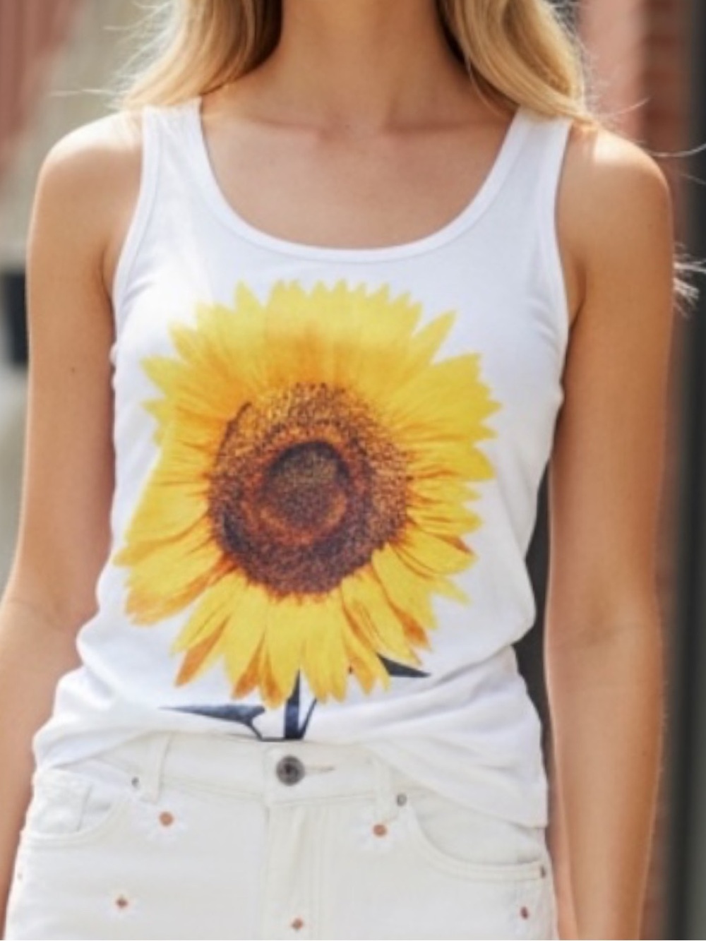 Norma Kamali Artsy Sunflower Graphic Tank Top White SZ M Organic Cotton